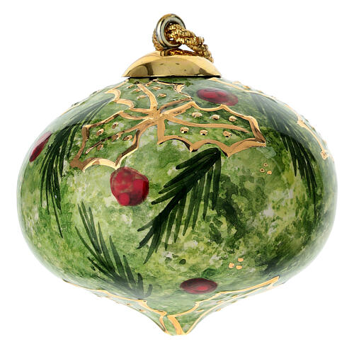 Onion-shaped Christmas tree ball by Dellarte Ceramiche, green background with hand-decorated holly, 3 in 1