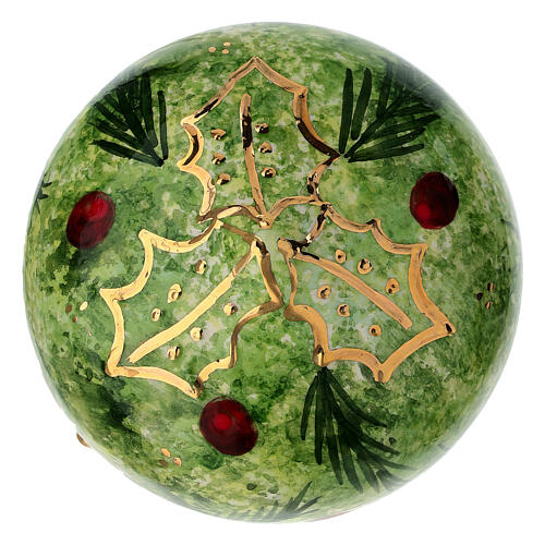 Onion-shaped Christmas tree ball by Dellarte Ceramiche, green background with hand-decorated holly, 3 in 4