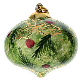 Christmas Tree Onion Ornament Dellarte Ceramics Green Background with Holly Hand-Painted, 8 cm