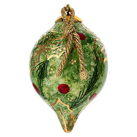 Christmas tree teardrop ornament with green background and holly, 8 cm, Dellarte Ceramics hand-decorated