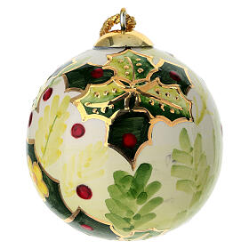 Hand-painted Christmas tree ball, holly on cream background, 3 in, Dellarte Ceramiche
