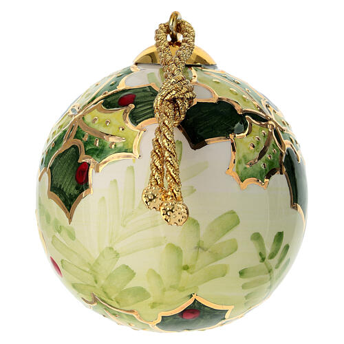 Hand-painted Christmas tree ball, holly on cream background, 3 in, Dellarte Ceramiche 3