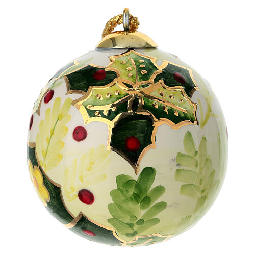 Hand-Painted Christmas Tree Ball Cream Background Holly 8 cm Dellarte Ceramics 1