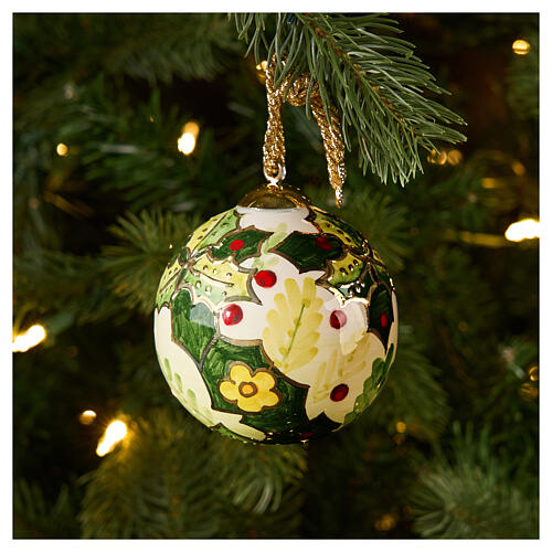 Hand-Painted Christmas Tree Ball Cream Background Holly 8 cm Dellarte Ceramics 2