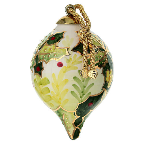 Christmas drop-shaped ornament with holly, hand-painted on cream ceramic, 3 in, Dellarte Ceramiche 3