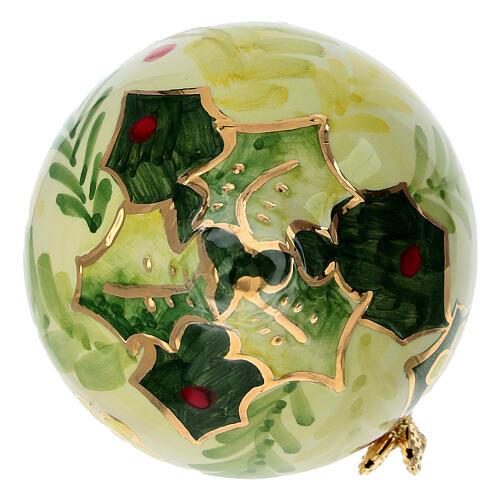 Christmas drop-shaped ornament with holly, hand-painted on cream ceramic, 3 in, Dellarte Ceramiche 5