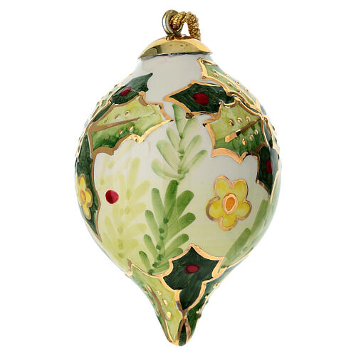 Bola de Natal em forma de gota, cerâmica creme pintada à mão com azevinho 8 cm Dellarte Ceramiche 4