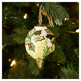Christmas Teardrop Ceramic Ornament Ivory Hand-Painted Holly, 8 cm Dellarte Ceramics