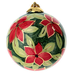 Pallina natalizia Dell'Arte Ceramiche fiori rossi foglie verde scuro dipinta a mano 10 cm
