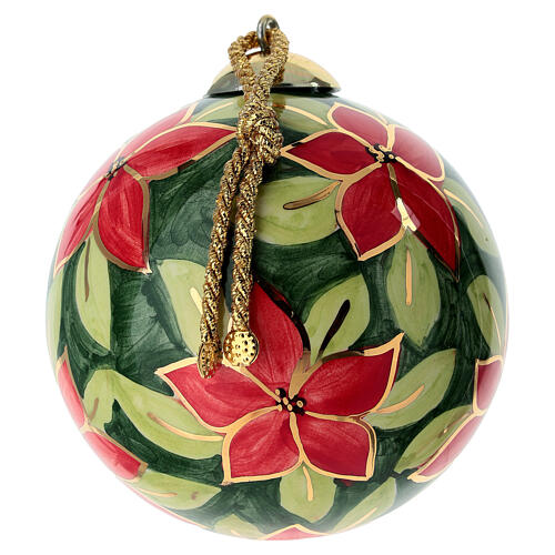 Pallina natalizia Dellarte Ceramiche fiori rossi foglie verde scuro dipinta a mano 10 cm 3