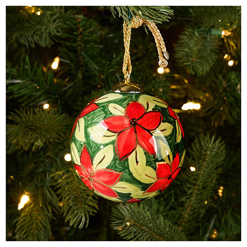 Christmas Ball Hand-Painted Red Flowers, Dark Green Leaves 10 cm Dellarte Ceramics 2