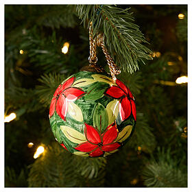 Christmas bauble with red flowers on green background, painted ceramic, 3 in, Dellarte Ceramiche