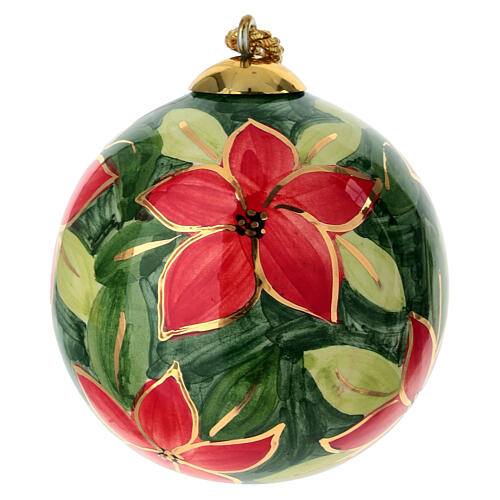 Boule de Noël en céramique peinte Dellarte Ceramiche 8 cm fleurs rouges sur fond vert 1