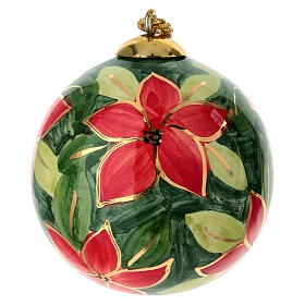 Pallina albero Natale fiori rossi su fondo verde ceramica dipinta 8 cm Dell'Arte Ceramiche