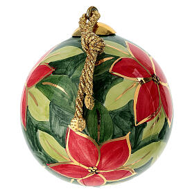 Pallina albero Natale fiori rossi su fondo verde ceramica dipinta 8 cm Dell'Arte Ceramiche