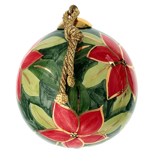 Pallina albero Natale fiori rossi su fondo verde ceramica dipinta 8 cm Dell'Arte Ceramiche 2