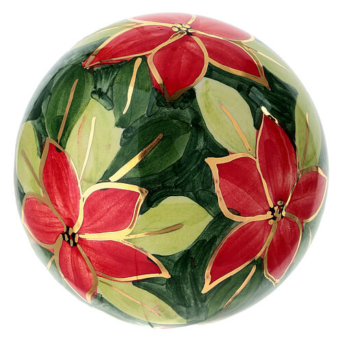 Pallina albero Natale fiori rossi su fondo verde ceramica dipinta 8 cm Dell'Arte Ceramiche 3