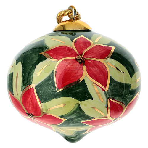 Onion-shaped Christmas bauble with red flowers on dark green background by Dellarte Ceramiche, 3 in 1