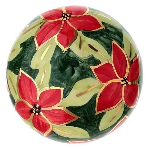 Onion-shaped Christmas bauble with red flowers on dark green background by Dellarte Ceramiche, 3 in 4