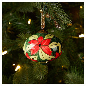 Sfera cipolla albero di Natale fiori rossi fondo verde scuro 8 cm Dellarte Ceramiche