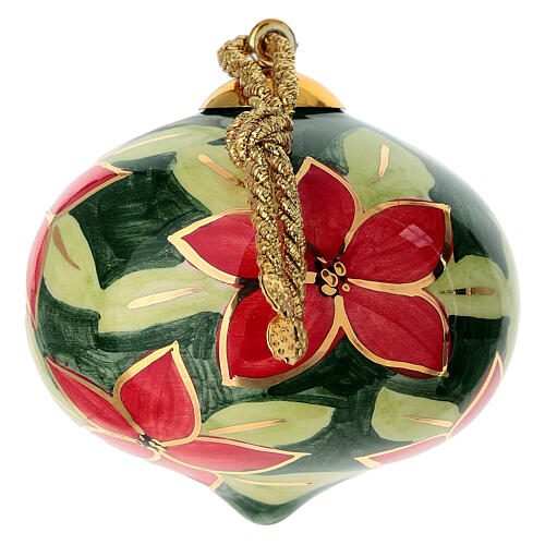 Bombka na choinkę, czerwone kwiaty na ciemnozielonym tle, 8 cm, Dellarte Ceramiche 3