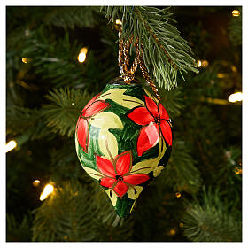 Hand-decorated dark green ceramic Christmas ball with red flowers by Dellarte Ceramiche, 3 in