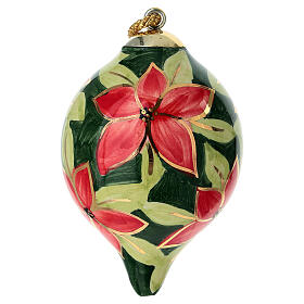 Palla di Natale fiori rossi su fondo verde scuro decorata a mano 8 cm Dell'Arte Ceramiche