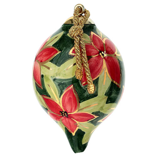 Palla di Natale fiori rossi su fondo verde scuro decorata a mano 8 cm Dell'Arte Ceramiche 2