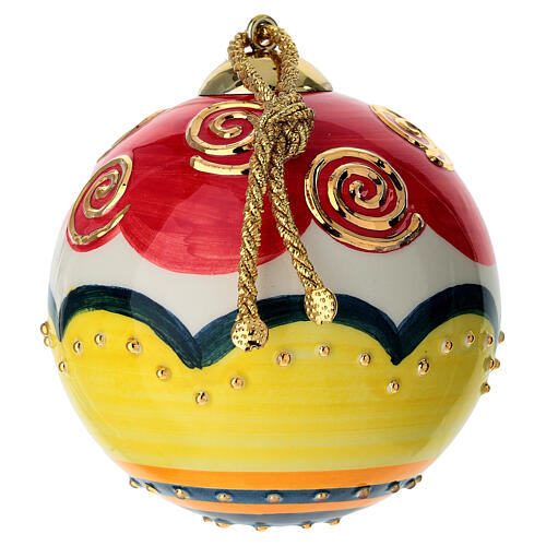 Hand-painted red ceramic Christmas ball with gold spirals by Dellarte Ceramiche, 4 in 3