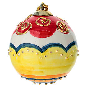 Red and ivory Christmas ceramic ball with gold details, Dellarte Ceramiche, 3 in