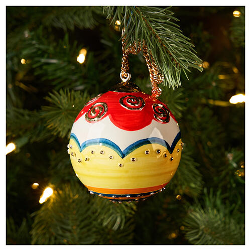 Red and ivory Christmas ceramic ball with gold details, Dellarte Ceramiche, 3 in 2
