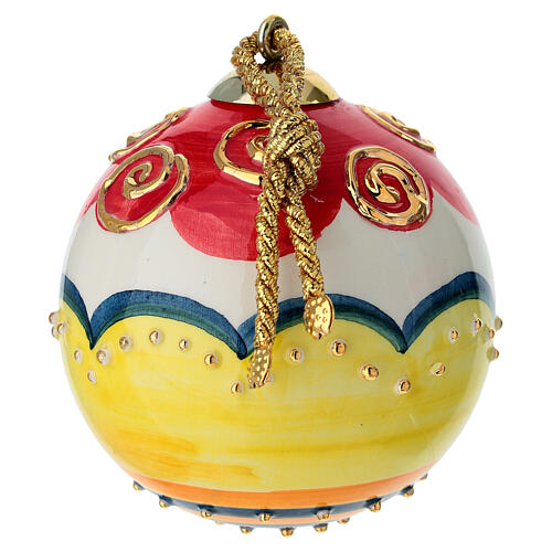 Esfera cerámica árbol de Navidad roja marfil detalles oro pintada a mano 8 cm Dellarte Ceramiche 3