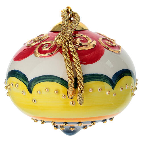 Decoro albero Natale forma cipolla Dell'Arte Ceramiche bianco rosso onde spirali dipinta 8 cm 2