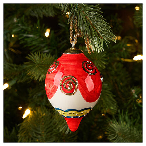 Red and ivory Christmas ceramic drop-shaped ball with gold details, 3 in, Dellarte Ceramiche 2