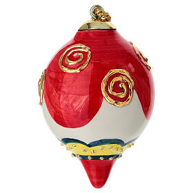 Boule goutte sapin Noël céramique rouge spirales or 8 cm Dellarte Ceramiche