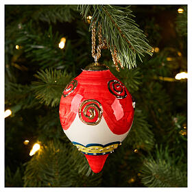Boule goutte sapin Noël céramique rouge spirales or 8 cm Dellarte Ceramiche