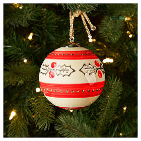 Boule de Noël en céramique peinte houx doré et bandes rouges 10 cm Dellarte Ceramiche