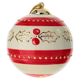 Pallina ceramica Natalizia agrifoglio dorato e bande rosse dipinta 10 cm Dell'Arte Ceramiche