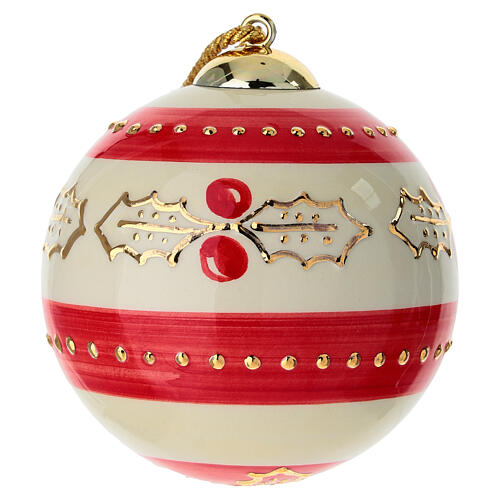 Bombka ceramiczna świąteczna z ostrokrzewem i czerwonymi pasami, ręcznie malowana, 10 cm, Dellarte Ceramiche 1