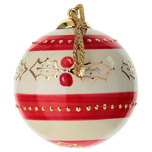 Bombka ceramiczna świąteczna z ostrokrzewem i czerwonymi pasami, ręcznie malowana, 10 cm, Dellarte Ceramiche 3