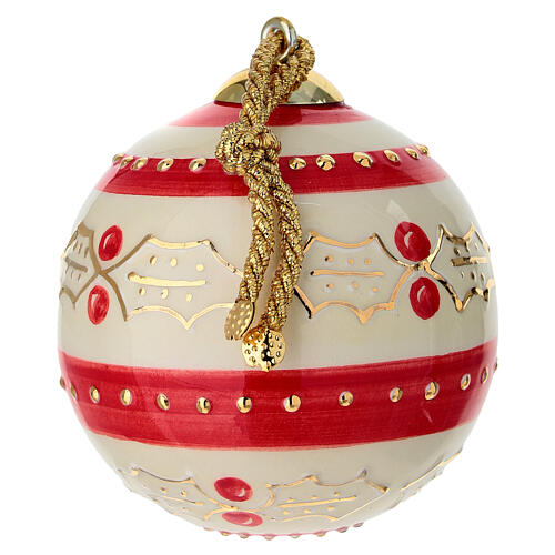Esfera Navideña cerámica rayas rojas acebo pintado a mano 8 cm Dellarte Ceramiche 3