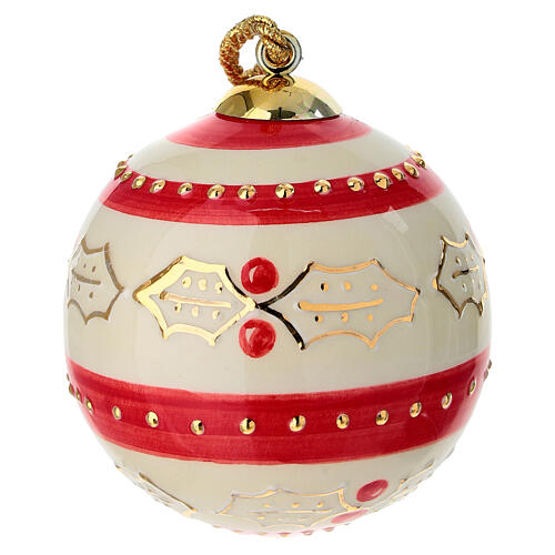 Sphère de Noël en céramique décorée de bandes rouges et de houx peint à la main 8 cm Dellarte Ceramiche 1