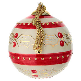 Sfera Natalizia ceramica righe rosse agrifoglio dipinto a mano 8 cm Dell'Arte Ceramiche