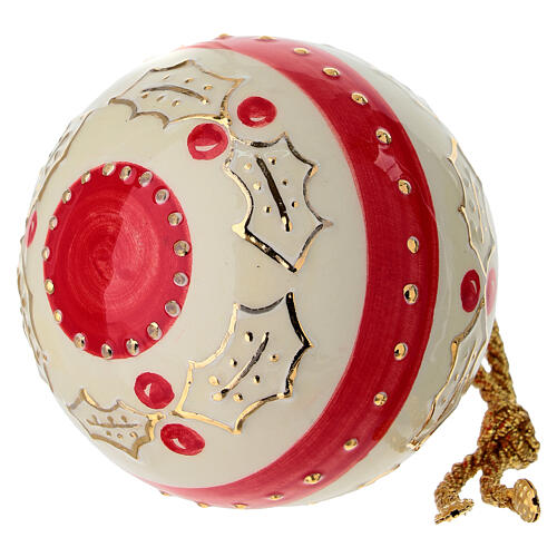 Bola de Natal em cerâmica com riscas vermelhas e azevinho pintado à mão 8 cm Dellarte Ceramiche 5