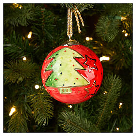 Christmas red bauble with hand-painted green tree by Dellarte Ceramiche, 4 in
