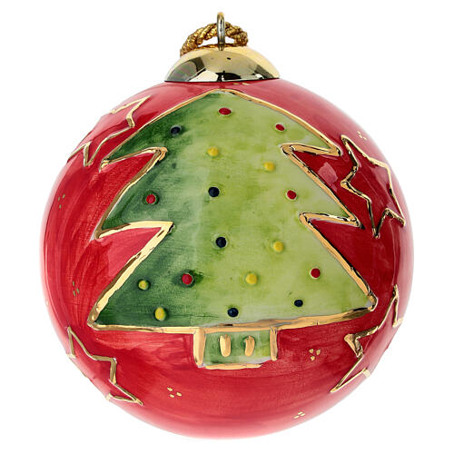 Sfera Dell'Arte Ceramiche Natalizia rossa con albero verde dipinto a mano 10 cm 1