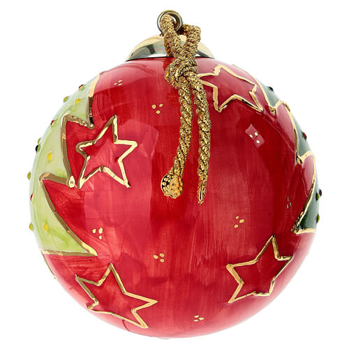 Bombka świąteczna Dellarte Ceramiche, czerwona, z ręcznie malowaną zieloną choinką, 10 cm 3