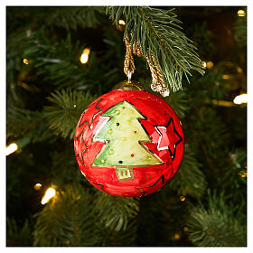 Hand-painted red Christmas tree ball with golden green pine by Dellarte Ceramiche, 3 in