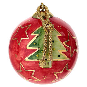 Pallina albero Natale Dell'Arte Ceramiche rossa con pino verde dorato dipinto a mano 8 cm