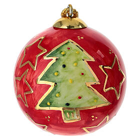 Christmas tree ball red with green and gold Chrismas tree, Dellarte Ceramics, hand-painted 8 cm